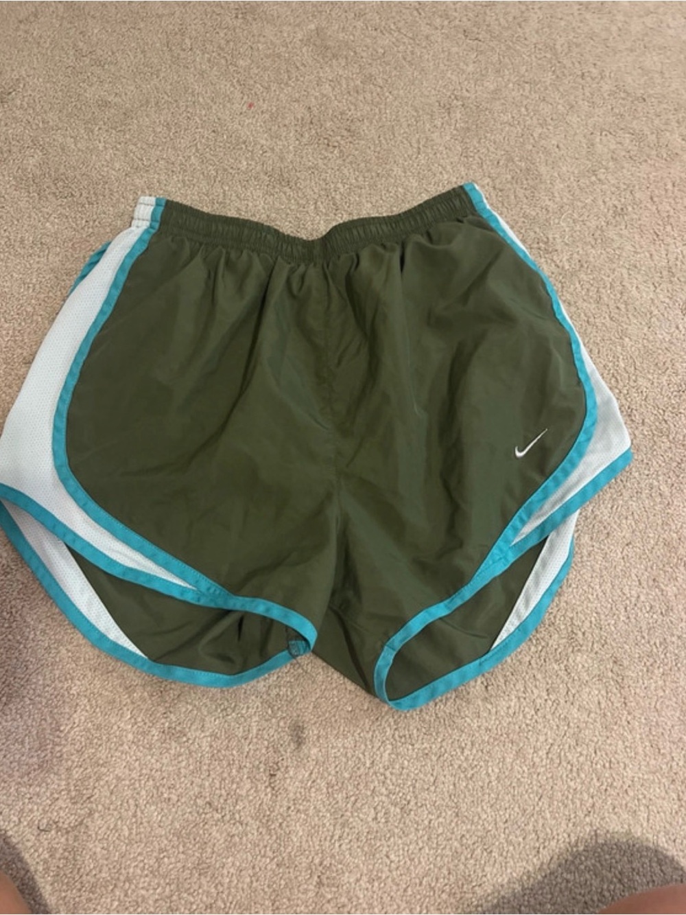 Nike Women's Olive Green Athletic Shorts with Teal Trim